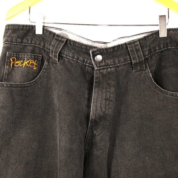 77'S HIP HOP BLACK EMBROIDERED PATCH BAGGY CARPENTER SK8R JEANS SZ Lg GRUNGE - Picture 5 of 14